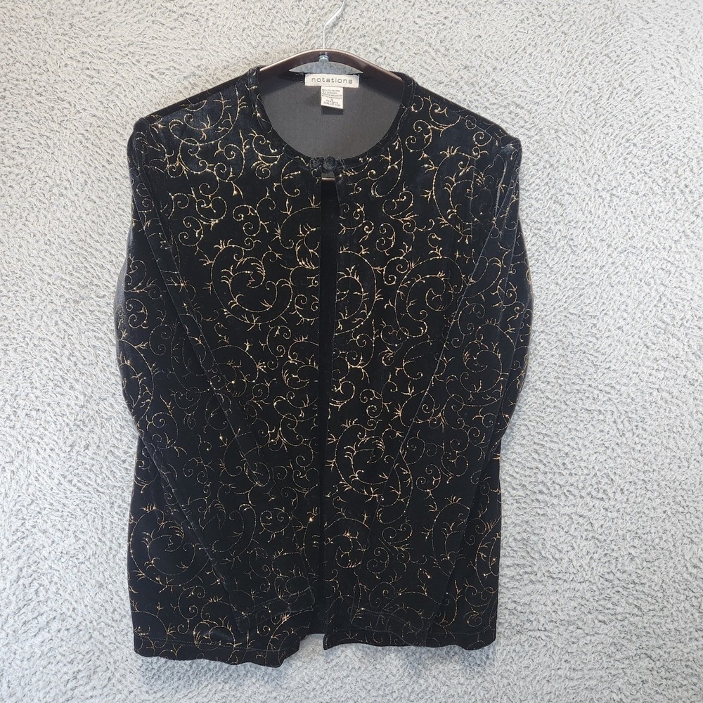 Notations Top Womens Small Black Long Sleeve Swirl Button Neck Cardigan Style